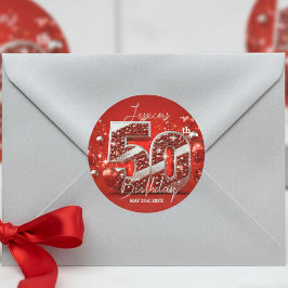 Pegatina Redonda Elegante brillo rojo y plata 50 cumpleaños