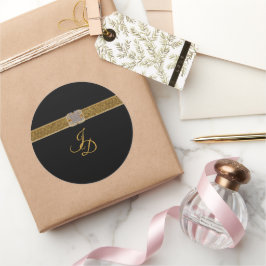 Pegatina Redonda Elegante Broche de Bodas con Brillo Negro y Dorado