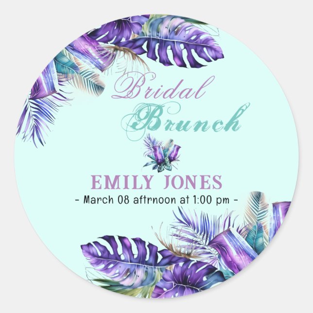 Pegatina Redonda Elegante brunch de flores púrpura tropical con nov (Anverso)