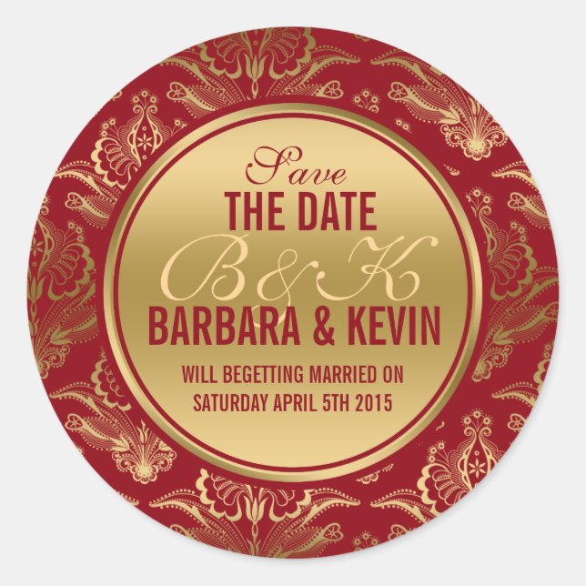 Pegatina Redonda Elegante Burgundy & Gold Floral Lace Damask (Anverso)
