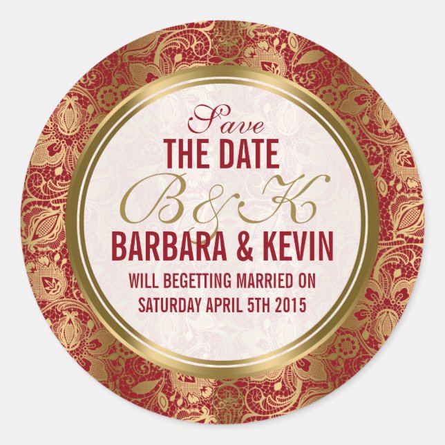Pegatina Redonda Elegante Burgundy & Gold Floral Lace Damask (Anverso)