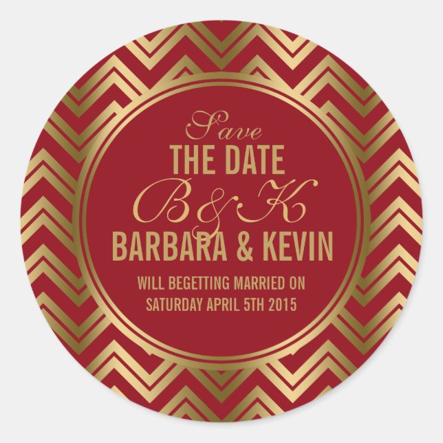Pegatina Redonda Elegante Burgundy & Gold Geométrico Zigzag Chevron (Anverso)