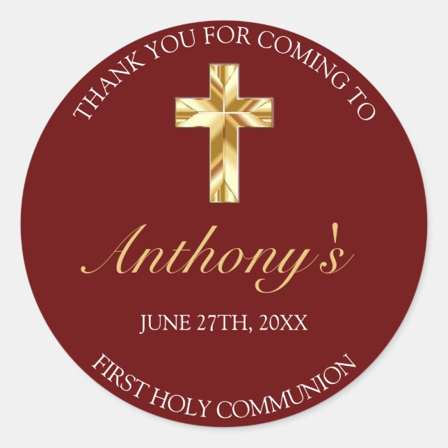 Pegatina Redonda Elegante Burgundy Gold Primera Comunión Gracias (Anverso)