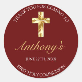 Pegatina Redonda Elegante Burgundy Gold Primera Comunión Gracias