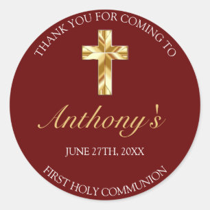 Pegatina Redonda Elegante Burgundy Gold Primera Comunión Gracias