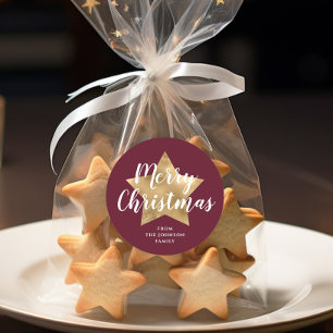 Pegatina Redonda Elegante Burgundy Gold Star Feliz Navidad