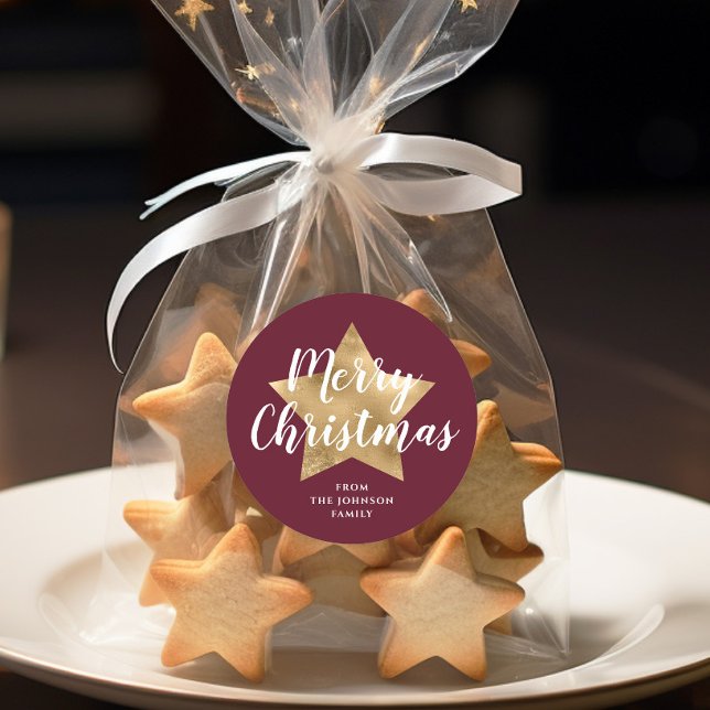 Pegatina Redonda Elegante Burgundy Gold Star Feliz Navidad (Merry Christmas Gold Star Red Burgundy Classic Round Sticker)