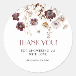 Pegatina Redonda Elegante Burgundy Wildflowers Baby Shower Gracias