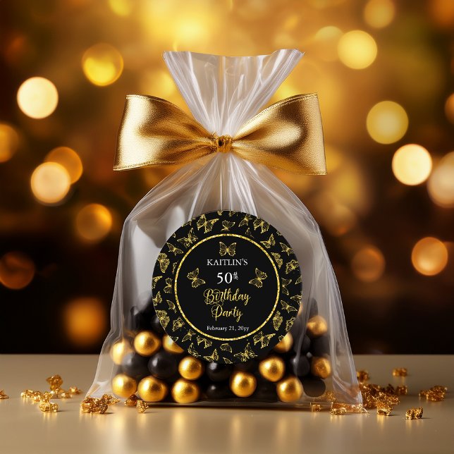 Pegatina Redonda Elegante Butterflies Black Gold Fiesta de los 50 A (Elegant Black and Faux Gold Glitter Butterflies 50th Birthday Party Classic Round Stickers)
