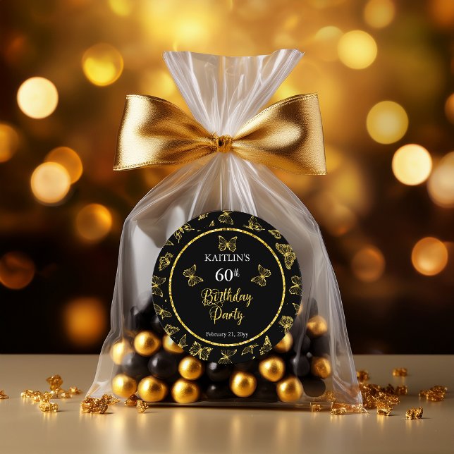 Pegatina Redonda Elegante Butterflies de oro negro Fiesta de cumple (Elegant Black and Faux Gold Glitter Butterflies 60th Birthday Party Classic Round Stickers)