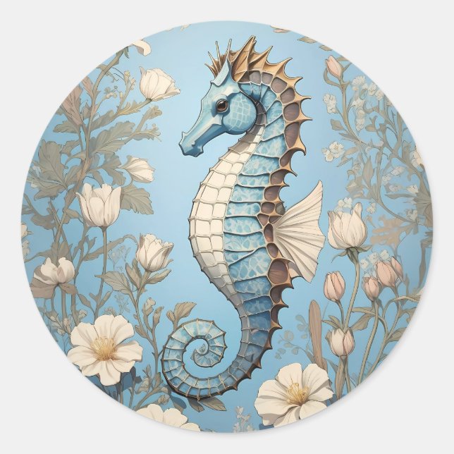 Pegatina Redonda Elegante caballito de mar William Morris inspirado (Anverso)