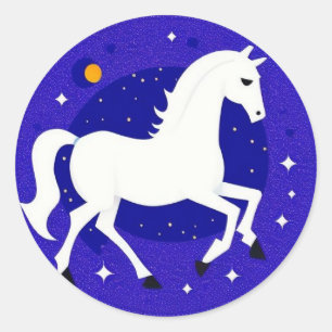 Pegatina Redonda Elegante caballo blanco en la pantalla nocturna có