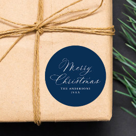 Pegatina Redonda Elegante Caligrafía Azul Marino Feliz Navidad