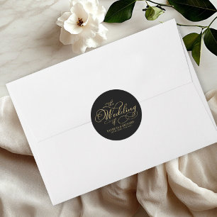 Pegatina Redonda Elegante Caligrafía Bodas Negro Dorado Hojalata Fa