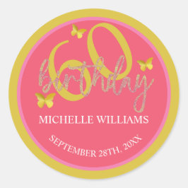 Pegatina Redonda Elegante caligrafía de mariposa dorada Purpurina