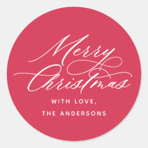 Pegatina Redonda Elegante caligrafía Feliz Navidad Festividad Roja
