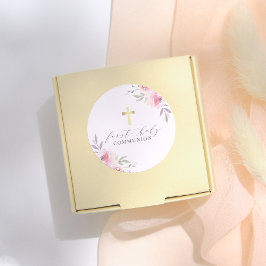 Pegatina Redonda Elegante caligrafía Floral Primera Santa Comunión