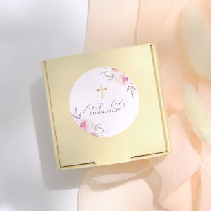 Pegatina Redonda Elegante caligrafía Floral Primera Santa Comunión