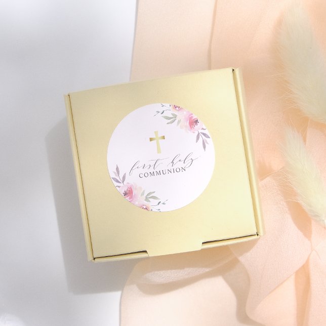 Pegatina Redonda Elegante caligrafía Floral Primera Santa Comunión (Subido por el creador)