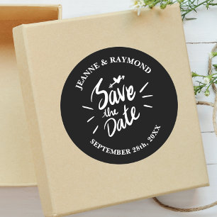 Pegatina Redonda Elegante Caligrafía Negra Save the Date Boda