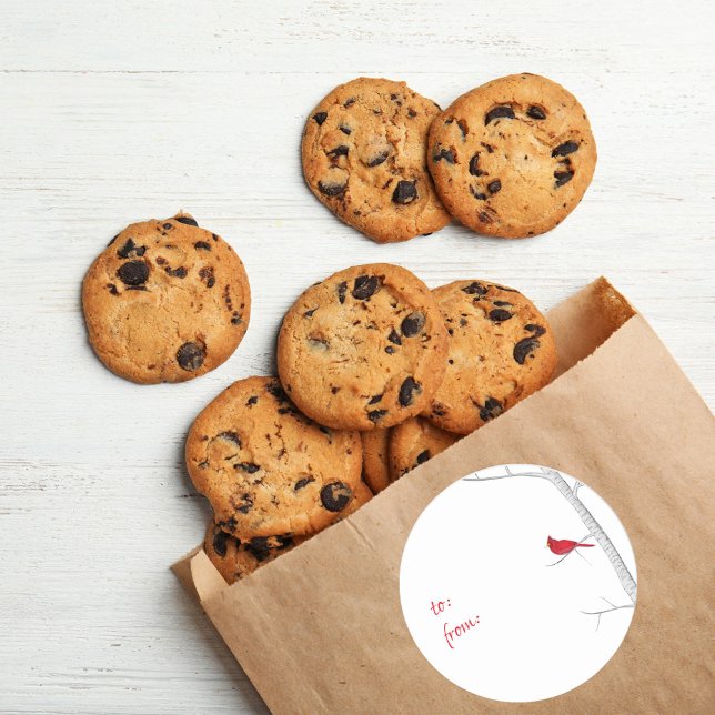 Pegatina Redonda Elegante Cardenal Rojo Invierno Minimalista A (Simple watercolor red cardinal circle sticker with "to" and "from" wording.)