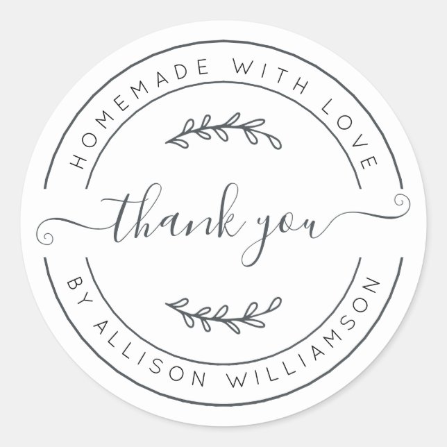 Pegatina Redonda Elegante Casero Con Amor Blanco Negro Gracias (Anverso)