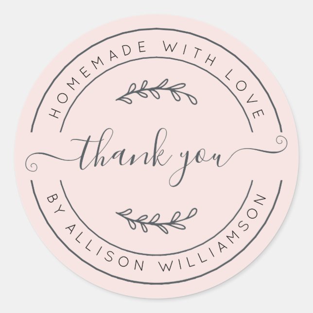 Pegatina Redonda Elegante Casero Con Amor Rosa Pastel Gracias (Anverso)