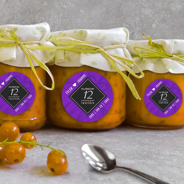 Pegatina Redonda Elegante celebración del 12º Aniversario del Boda  (Elegant 12th Silk Wedding Anniversary Round Sticker Cover Photo.)