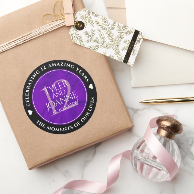 Pegatina Redonda Elegante celebración del 12º Aniversario del Boda  (Regalar)