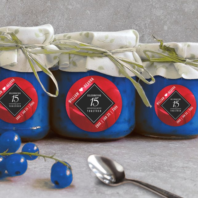 Pegatina Redonda Elegante celebración del 15° Rosa de aniversario d (Elegant 15th Rose Wedding Anniversary Round Sticker Cover Photo.)