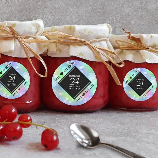 Pegatina Redonda Elegante celebración del 24° Aniversario del Boda  (Elegant 24th Opal Wedding Anniversary Round Sticker Cover Photo.)