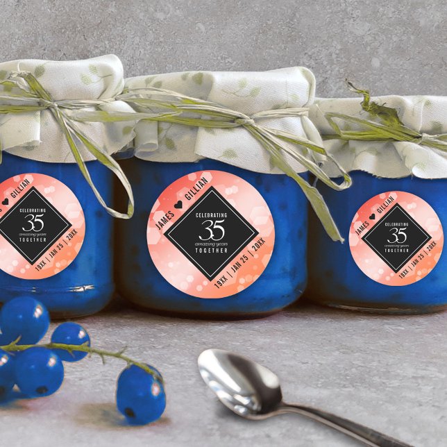 Pegatina Redonda Elegante celebración del 35° aniversario del Boda  (Elegant 35th Coral Wedding Anniversary Round Sticker Cover Photo.)