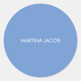 Pegatina Redonda Elegante Chic Simple Estiloso Nombre Azul Minimali
