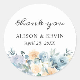 Pegatina Redonda Elegante Chic Vainilla Azul Floral Gracias