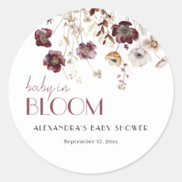 Pegatina Redonda Elegante Chica Burgundy Wildflowers Baby Shower
