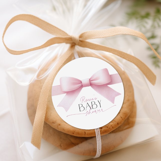 Pegatina Redonda Elegante Chica de Coquette Bow Rosado Baby Shower (Elegant Pink Bow Coquette Girl Baby Shower Classic Round Sticker)