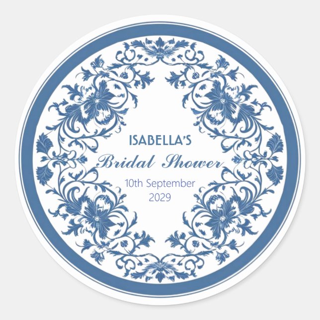 Pegatina Redonda Elegante Chinoiserie Azul Victoriano Floral Chino  (Anverso)