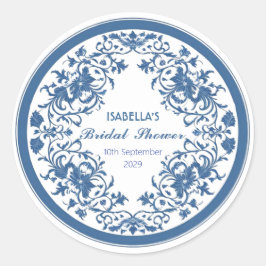Pegatina Redonda Elegante Chinoiserie Azul Victoriano Floral Chino 