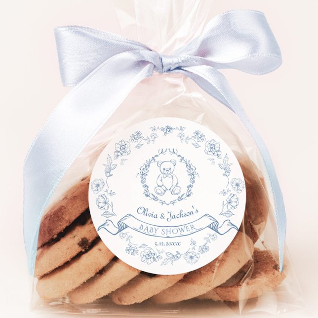 Pegatina Redonda Elegante Chinoiserie wreath teddy con ducha de beb (Subido por el creador)