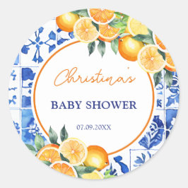 Pegatina Redonda Elegante Citrus Blue Tiles Baby Shower
