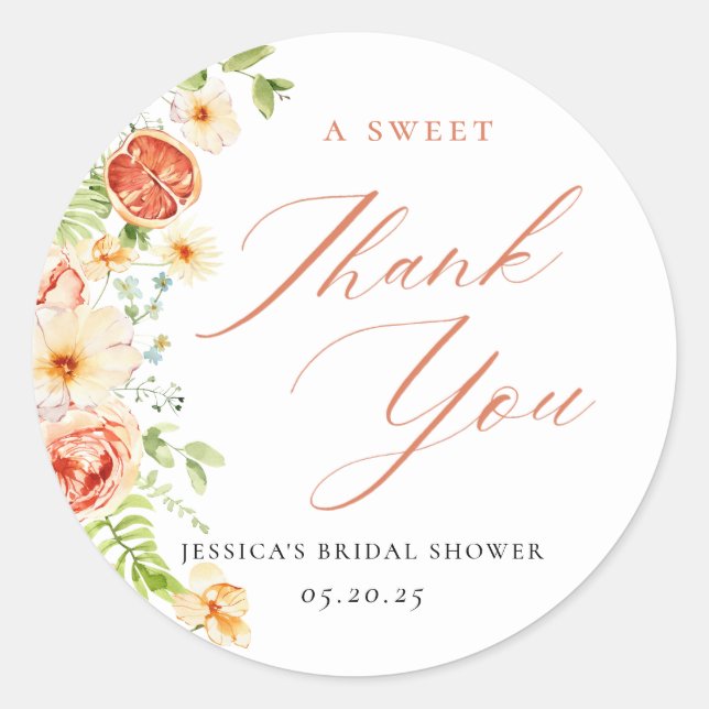 Pegatina Redonda Elegante Citrus Floral Bridal Shower Favor (Anverso)