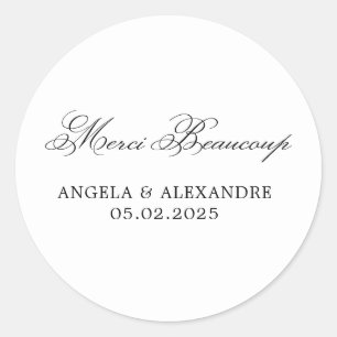 Pegatina Redonda Elegante Clásica Boda Caligrafía Merci Beaucoup