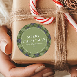 Pegatina Redonda Elegante Clásico Plaid Verde Feliz Navidad