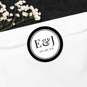 Pegatina Redonda Elegante Clásico Vintage Tipo Borde Negro Boda