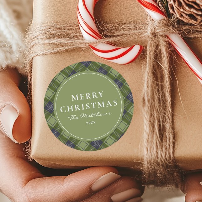 Pegatina Redonda Elegante Classic Green Plaid Feliz Navidad (Subido por el creador)