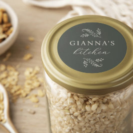 Pegatina Redonda Elegante Cocina Botánica Verde y Empresa