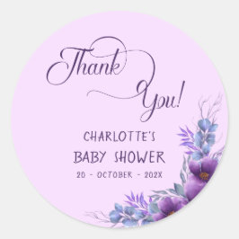 Pegatina Redonda Elegante color de agua morado flor Baby Shower
