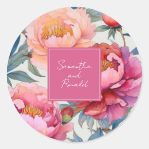 Pegatina Redonda Elegante color de agua Peony Flowers Boda