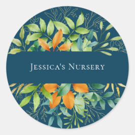 Pegatina Redonda Elegante color de agua vegetación Foliage Azul bot