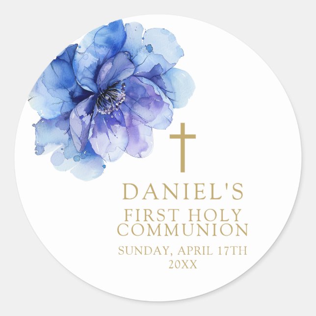 Pegatina Redonda Elegante Comunión floral acuarela azul (Anverso)